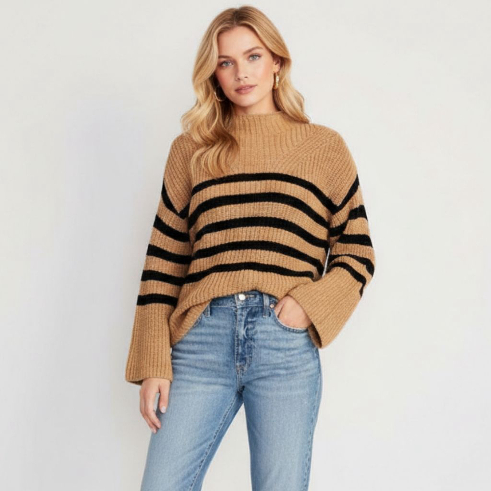 Old Navy Go Recycled Medium Tan Black Acacia Mock Neck Long Sleeve Tunic Sweater